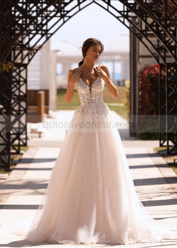 Thin Straps Beaded Ivory Floral Lace Tulle Delicate Wedding Dress